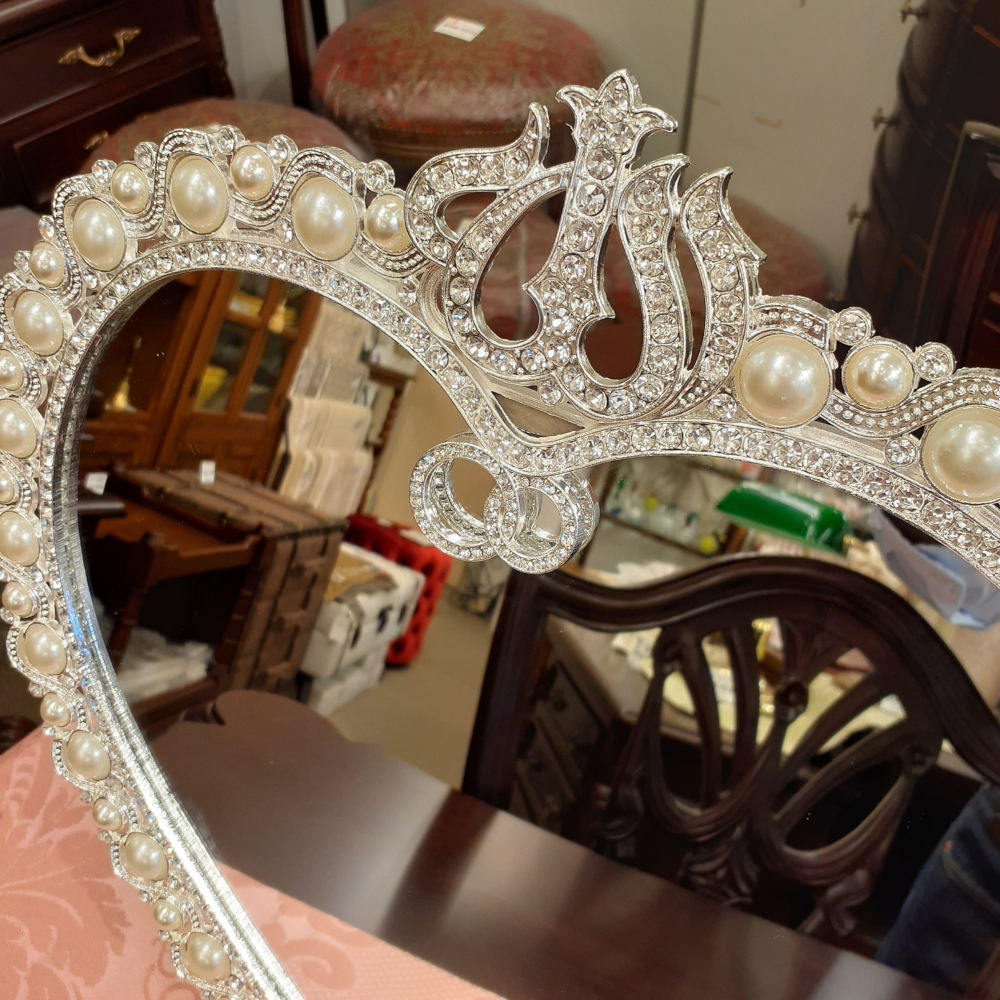 鏡 卓上ミラー 置き鏡 壁掛け卓上両用ミラー ハート型鏡 おしゃれ 壁掛け鏡 スタンドミラー ハート ウォールミラー パール 真珠 ラインストーン シルバー 822003