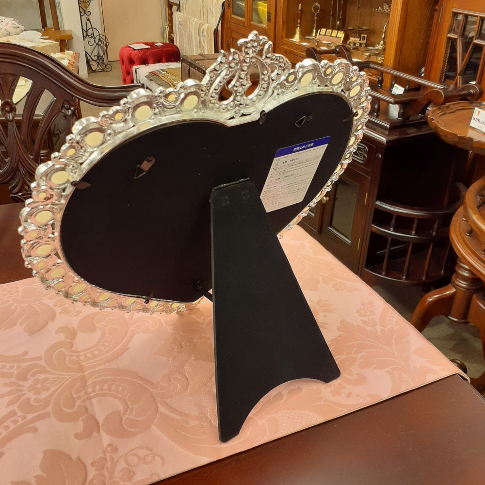 鏡 卓上ミラー 置き鏡 壁掛け卓上両用ミラー ハート型鏡 おしゃれ 壁掛け鏡 スタンドミラー ハート ウォールミラー パール 真珠 ラインストーン シルバー 822003