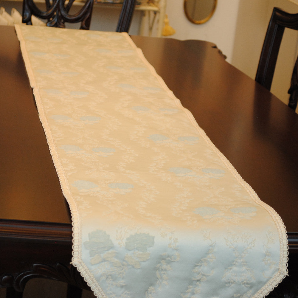 テーブルランナー テーブルライナー 薔薇柄 スタイルフランス フランス製生地 ブレード付き テーブルウエア テーブルセンター 200cm ブルー ElodieBleu 30x200cm